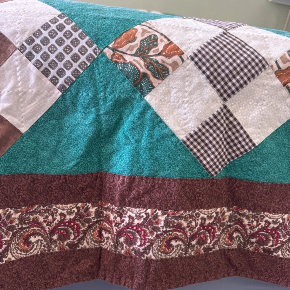 Handmade Patchwork Quilt Teal Brown Paisley Reversible Queen King 78x102